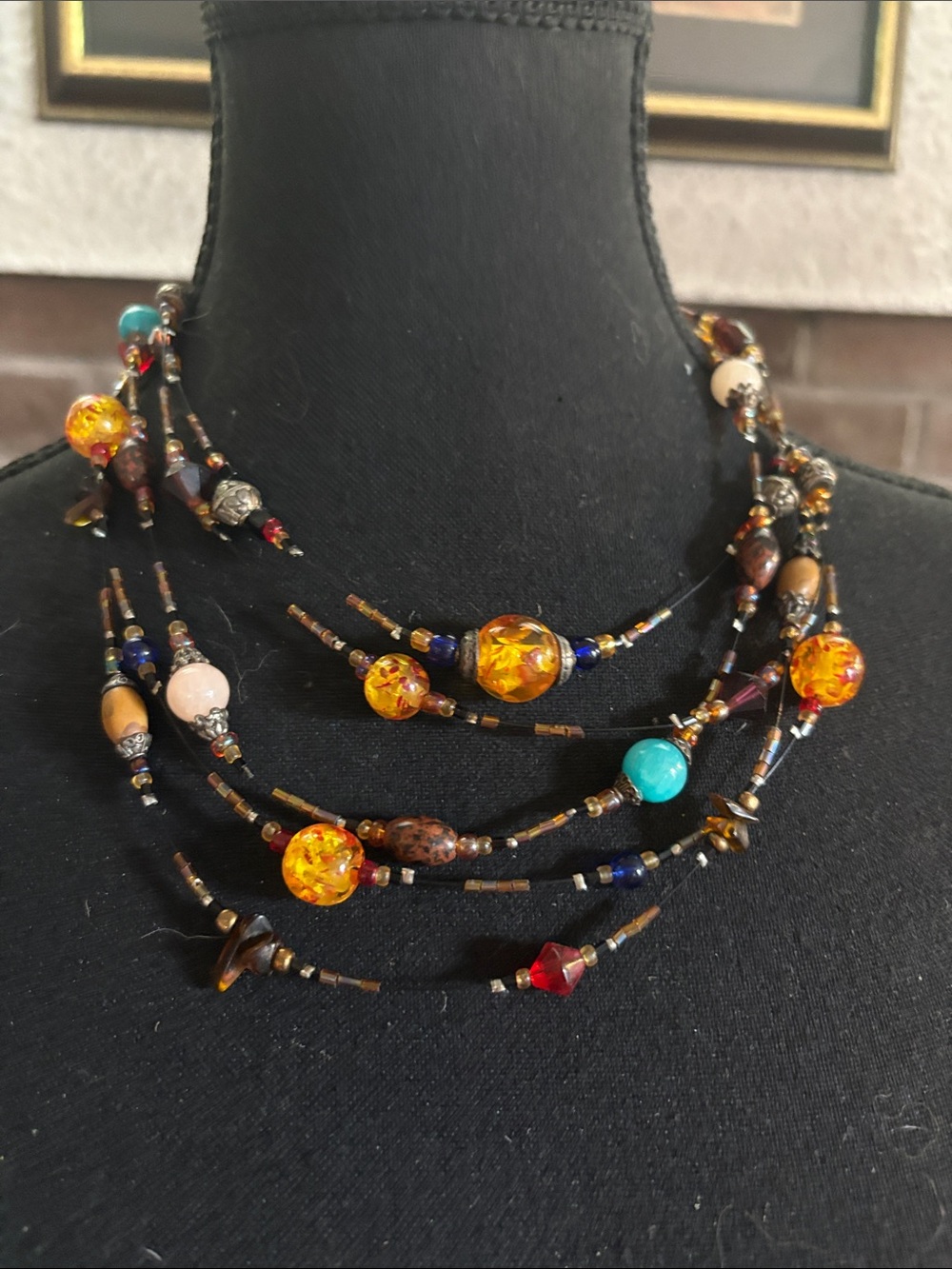 Multi-Strand Amber & Turquoise Bead Necklace — Women Jewelry